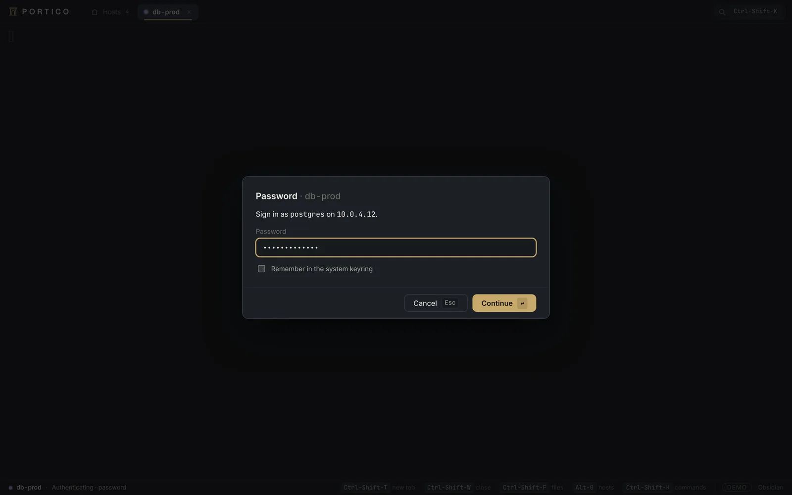 L’application Portico : liste des hôtes à gauche, détails de l’hôte sélectionné, statut de connexion. Mot de passe.
