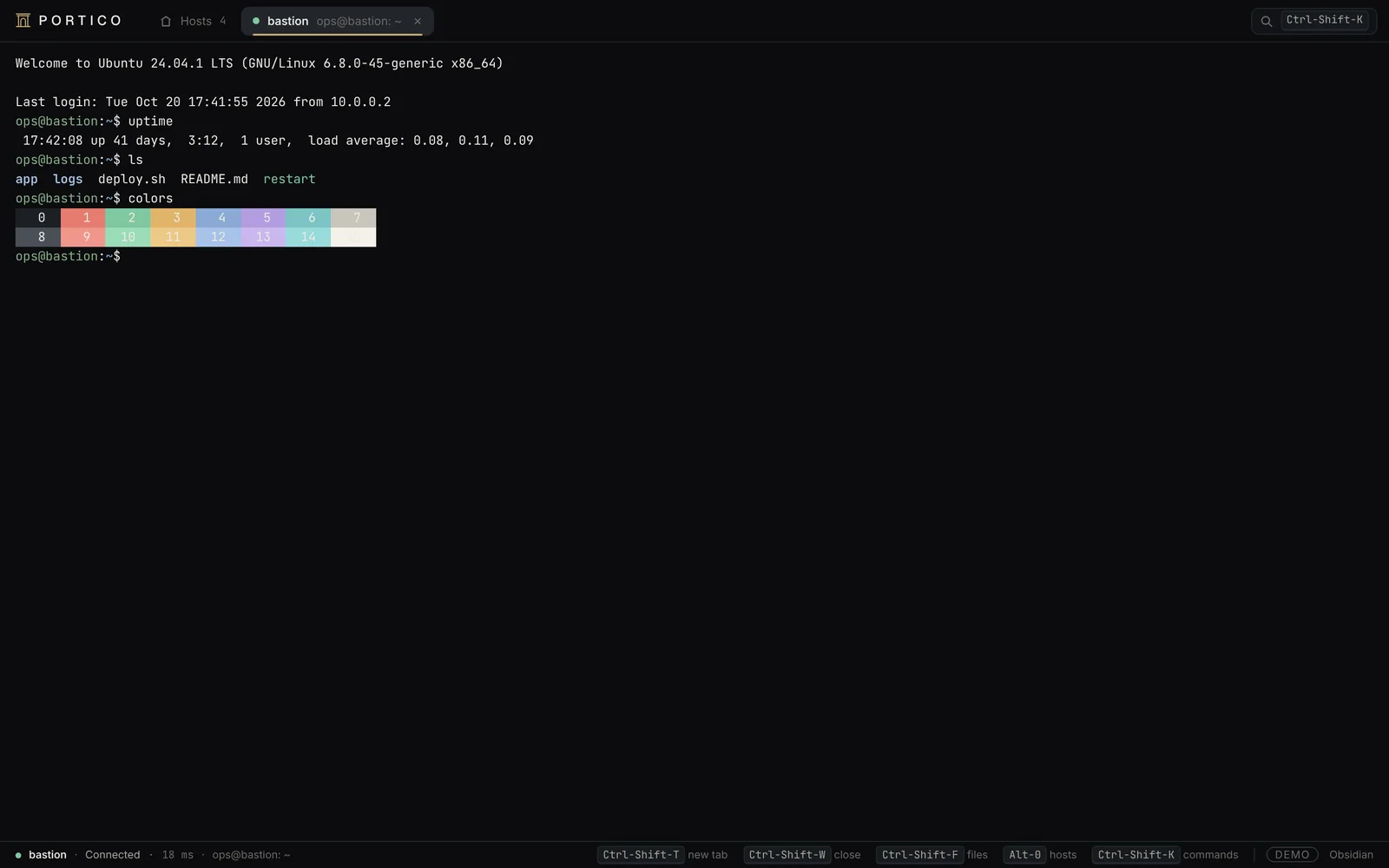 L’application Portico : liste des hôtes à gauche, détails de l’hôte sélectionné, statut de connexion. Terminal.