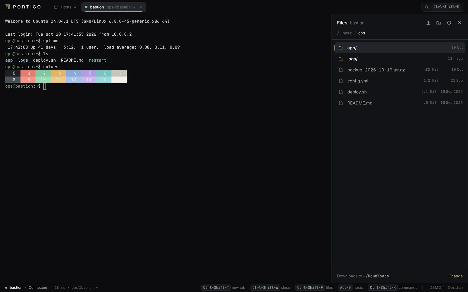 L’application Portico : liste des hôtes à gauche, détails de l’hôte sélectionné, statut de connexion. SFTP.