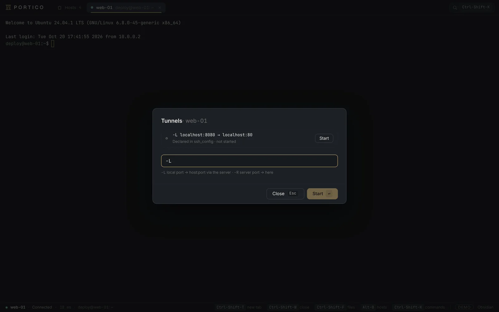 L’application Portico : liste des hôtes à gauche, détails de l’hôte sélectionné, statut de connexion. Tunnels.